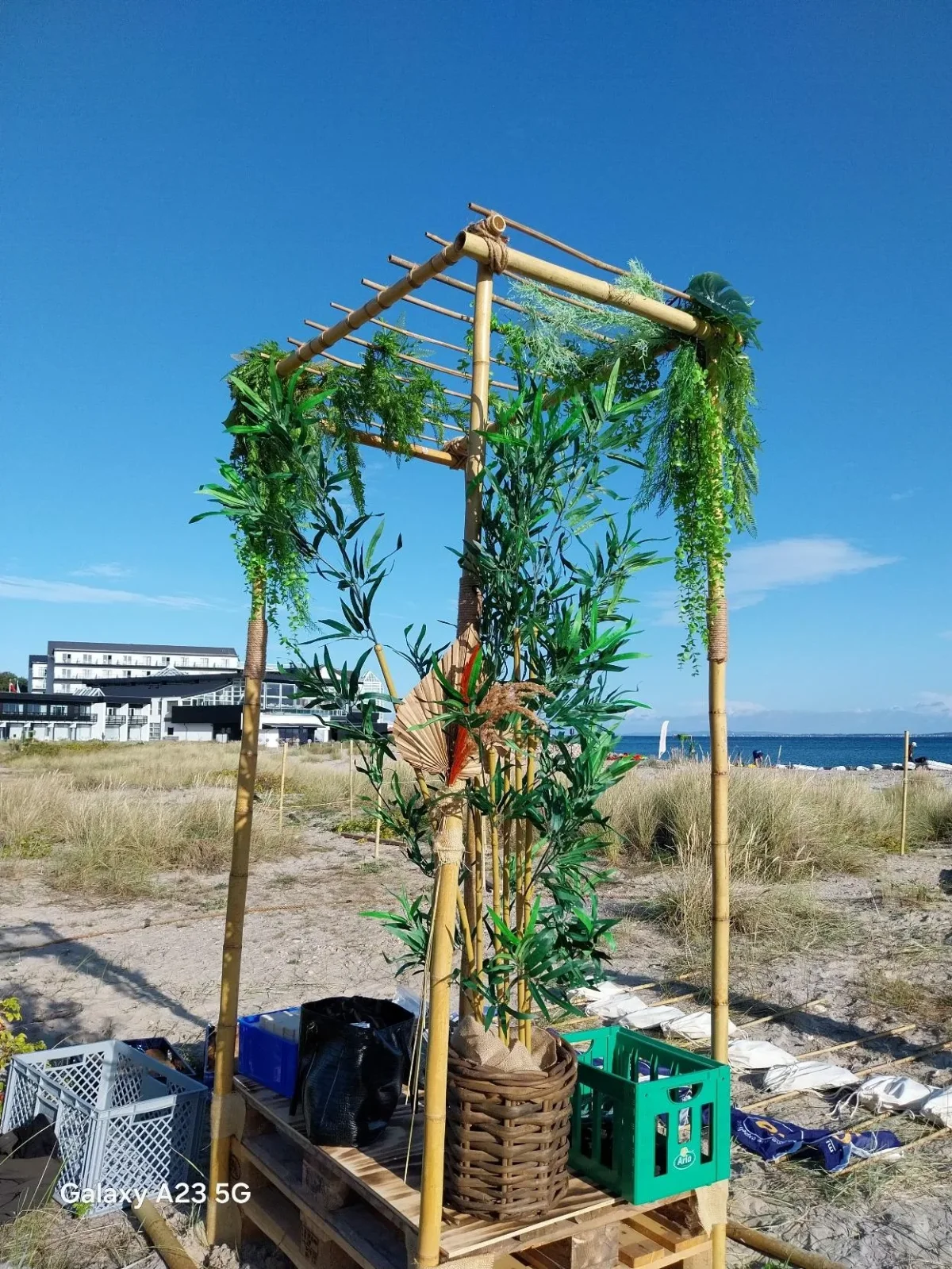Tropisk dekoration til Expedition Robinson med kunstige planter, bambusstativ og rekvisitter på stranden under blå himmel.