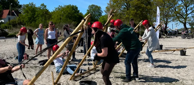 Deltagere i Expedition Robinson samarbejder om at bygge en træstruktur på stranden under en holdudfordring.