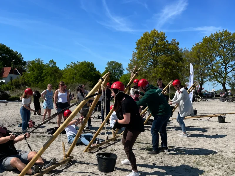 Deltagere i Expedition Robinson samarbejder om at bygge en træstruktur på stranden under en holdudfordring.