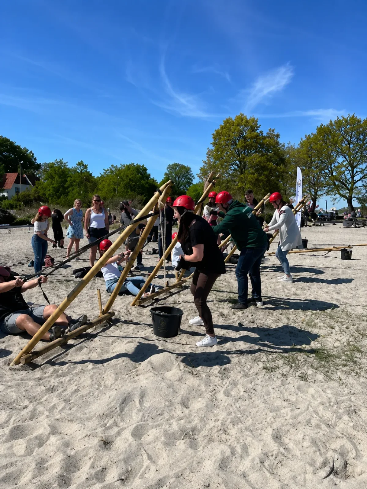 Deltagere i Expedition Robinson samarbejder om at bygge en træstruktur på stranden under en holdudfordring.